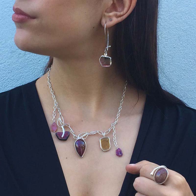 Birds Triple Tourmalines Silver Necklace - Image 2