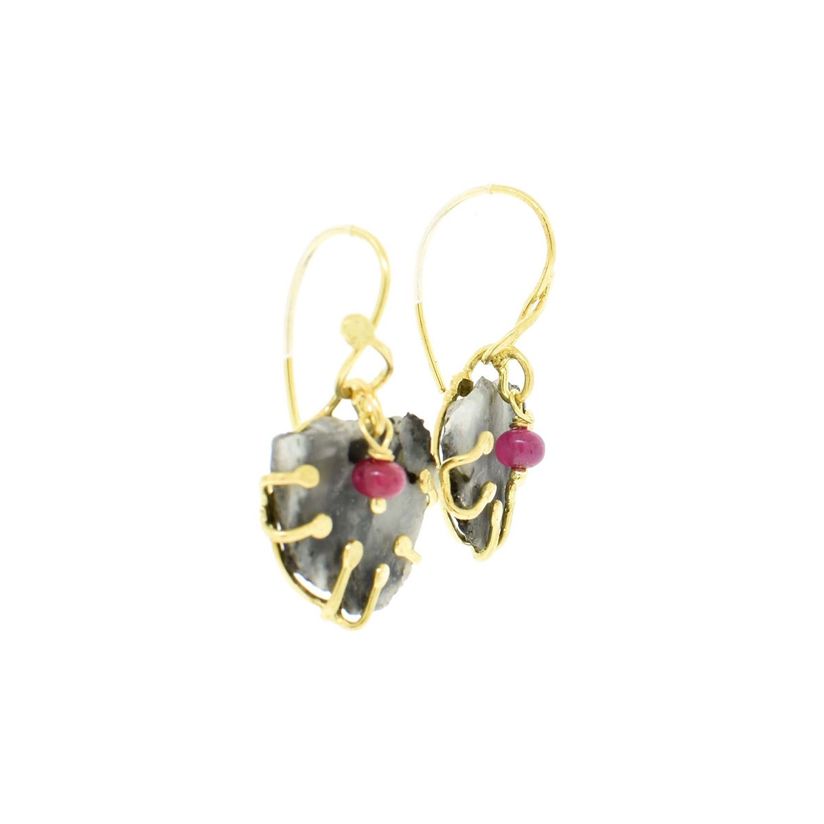 Rough Moonstone and Rubies Gold Earrings - Image 2
