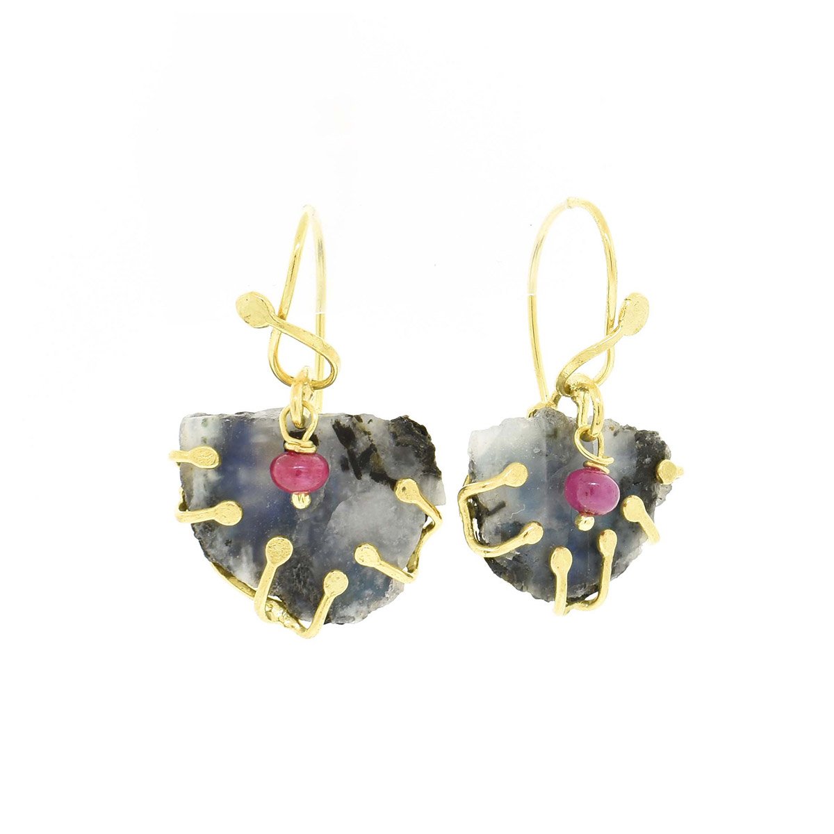Rough Moonstone and Rubies Gold Earrings - Image 3